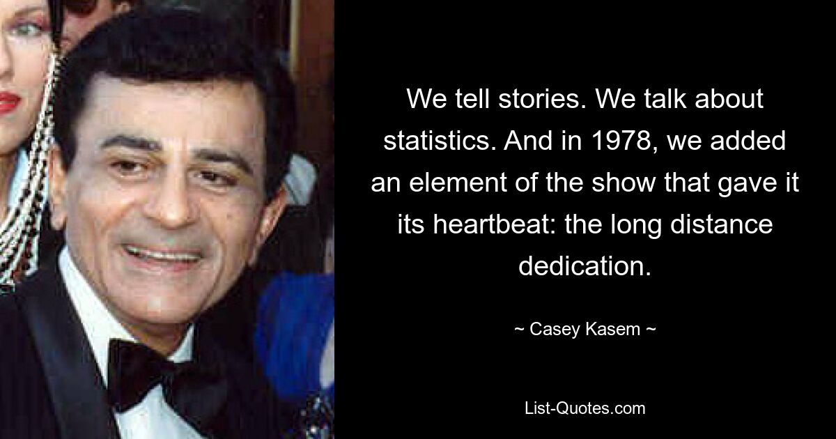 We tell stories. We talk about statistics. And in 1978, we added an element of the show that gave it its heartbeat: the long distance dedication. — © Casey Kasem