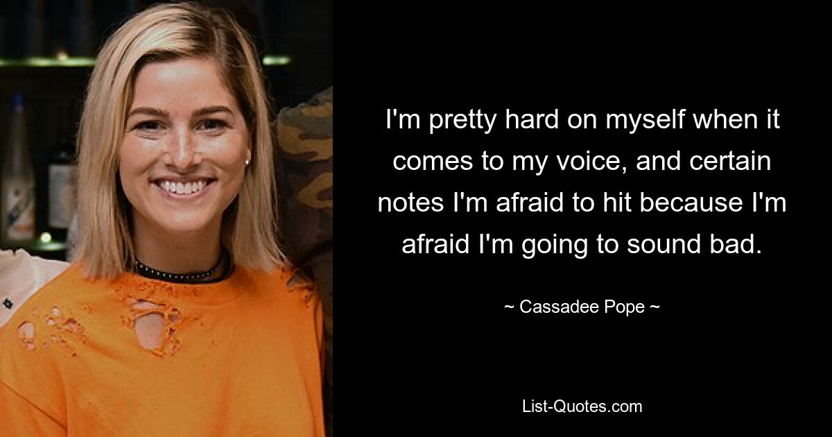 I'm pretty hard on myself when it comes to my voice, and certain notes I'm afraid to hit because I'm afraid I'm going to sound bad. — © Cassadee Pope