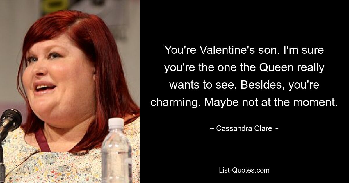 You're Valentine's son. I'm sure you're the one the Queen really wants to see. Besides, you're charming. Maybe not at the moment. — © Cassandra Clare