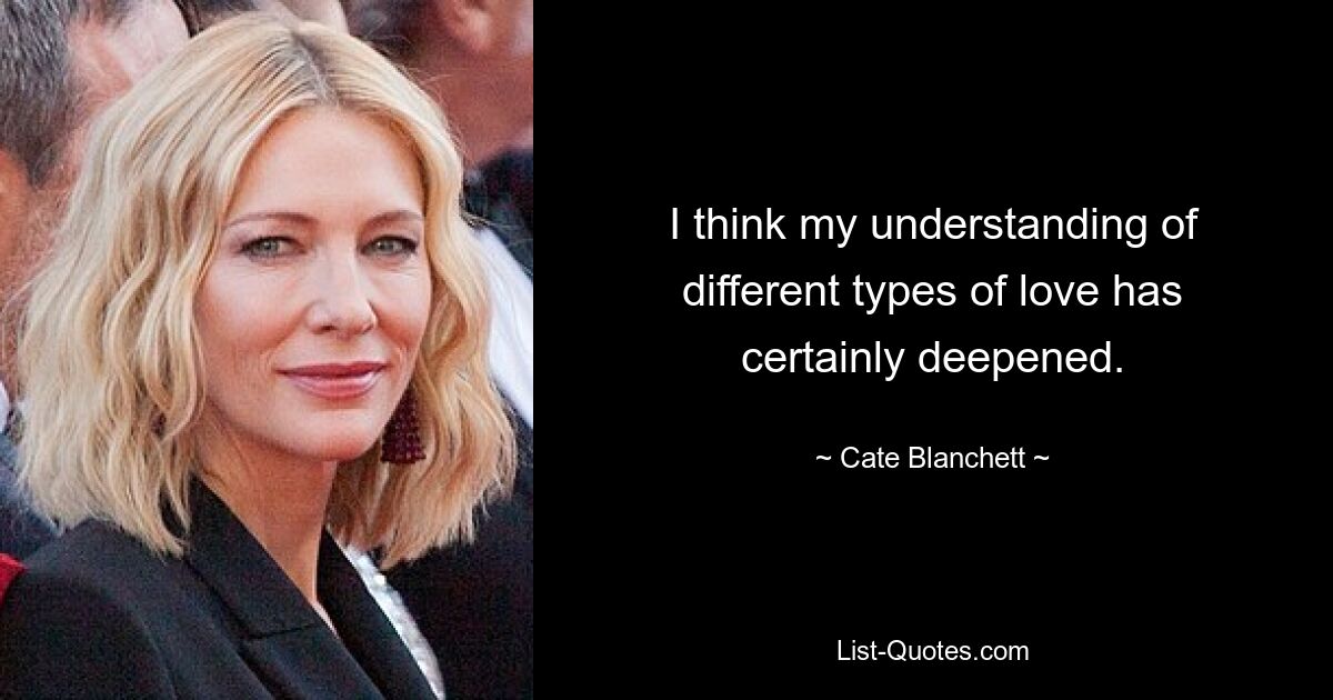 I think my understanding of different types of love has certainly deepened. — © Cate Blanchett