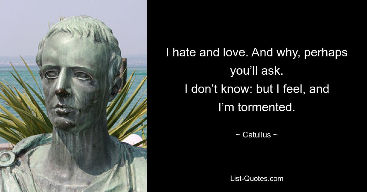 I hate and love. And why, perhaps you’ll ask.
I don’t know: but I feel, and I’m tormented. — © Catullus