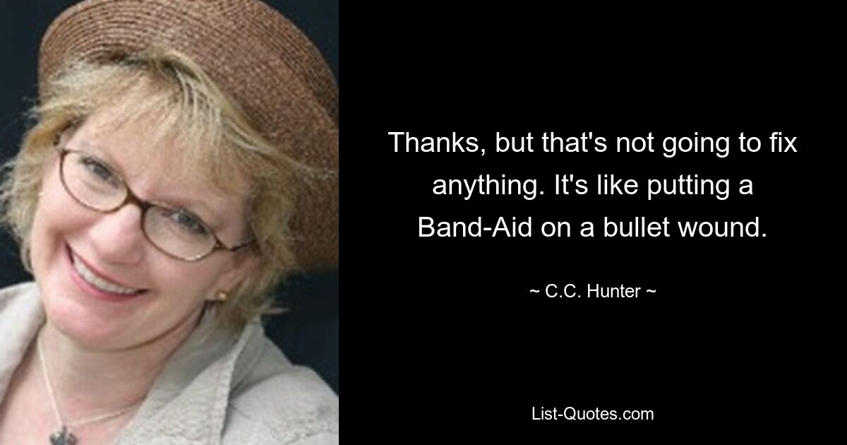 Thanks, but that's not going to fix anything. It's like putting a Band-Aid on a bullet wound. — © C.C. Hunter