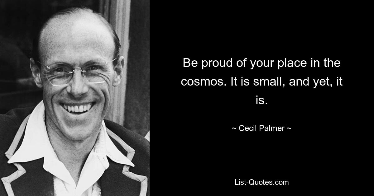 Be proud of your place in the cosmos. It is small, and yet, it is. — © Cecil Palmer