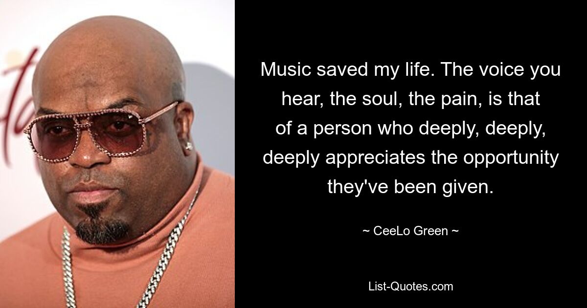 Music saved my life. The voice you hear, the soul, the pain, is that of a person who deeply, deeply, deeply appreciates the opportunity they've been given. — © CeeLo Green