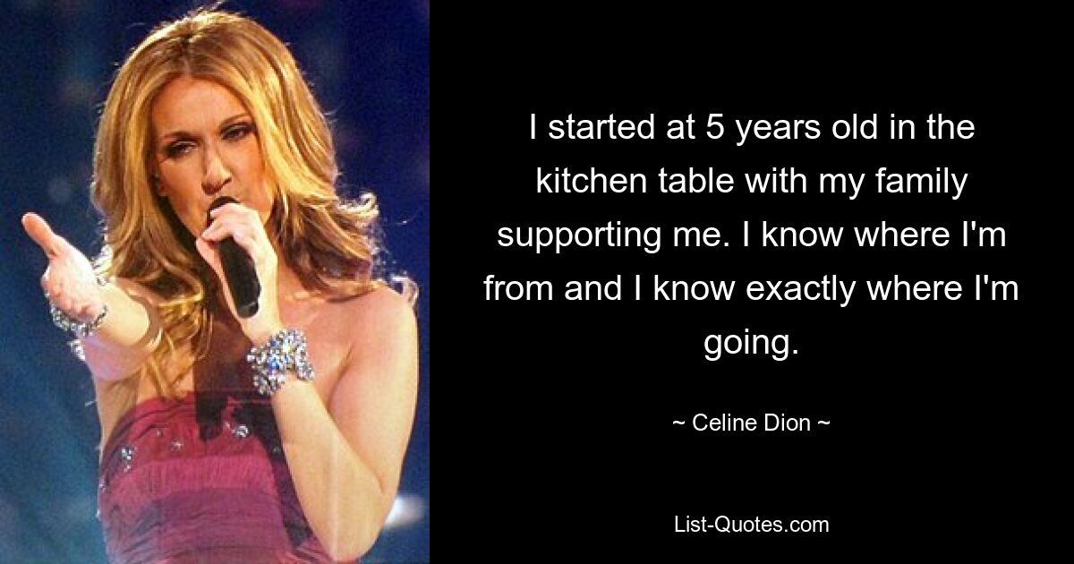 I started at 5 years old in the kitchen table with my family supporting me. I know where I'm from and I know exactly where I'm going. — © Celine Dion