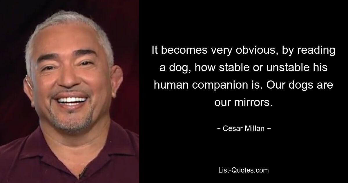 It becomes very obvious, by reading a dog, how stable or unstable his human companion is. Our dogs are our mirrors. — © Cesar Millan