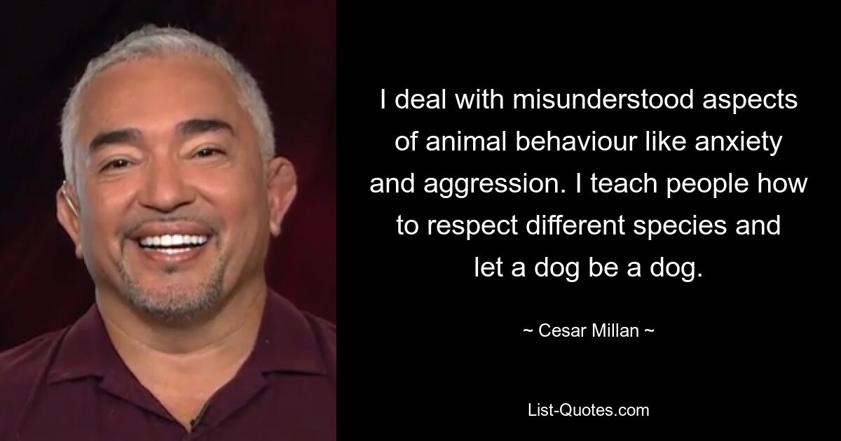 I deal with misunderstood aspects of animal behaviour like anxiety and aggression. I teach people how to respect different species and let a dog be a dog. — © Cesar Millan