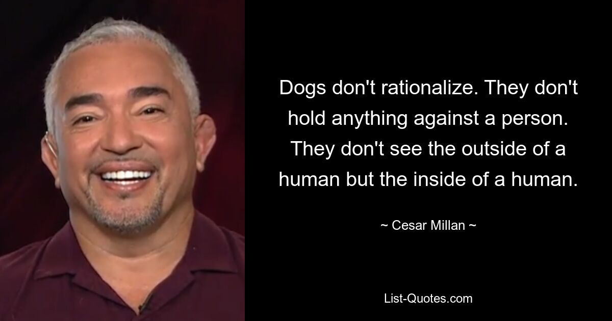 Dogs don't rationalize. They don't hold anything against a person. They don't see the outside of a human but the inside of a human. — © Cesar Millan