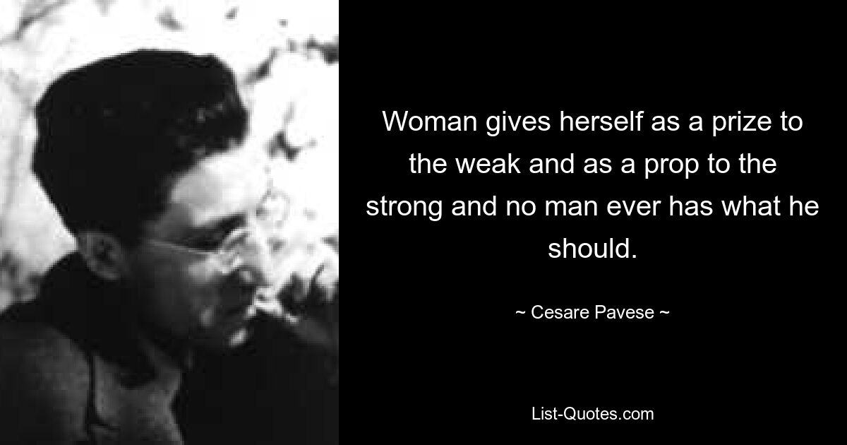 Woman gives herself as a prize to the weak and as a prop to the strong and no man ever has what he should. — © Cesare Pavese