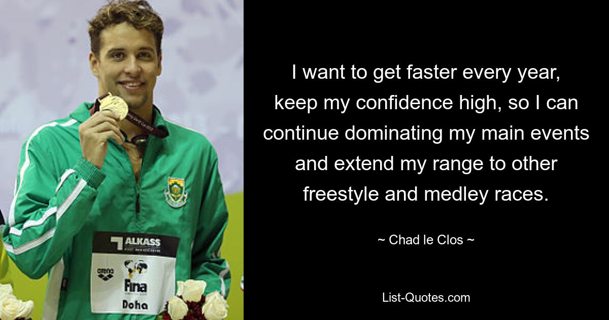 I want to get faster every year, keep my confidence high, so I can continue dominating my main events and extend my range to other freestyle and medley races. — © Chad le Clos