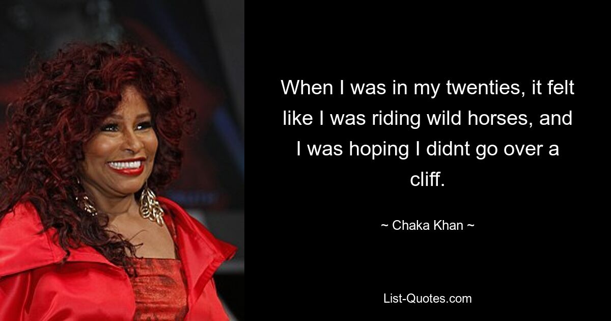 When I was in my twenties, it felt like I was riding wild horses, and I was hoping I didnt go over a cliff. — © Chaka Khan