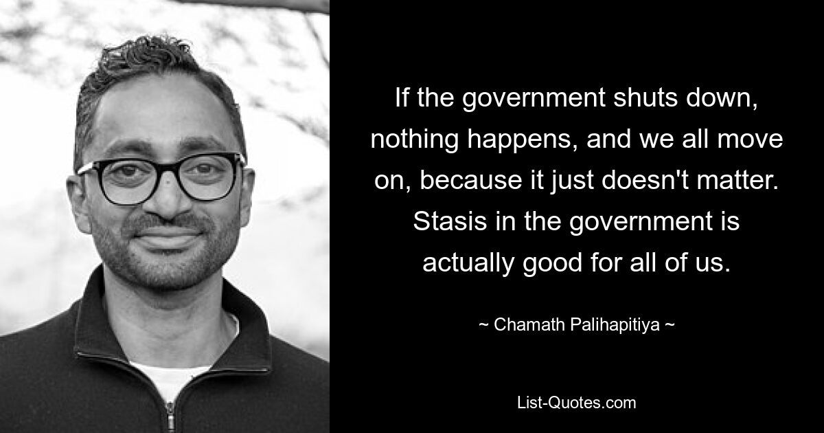 If the government shuts down, nothing happens, and we all move on, because it just doesn't matter. Stasis in the government is actually good for all of us. — © Chamath Palihapitiya