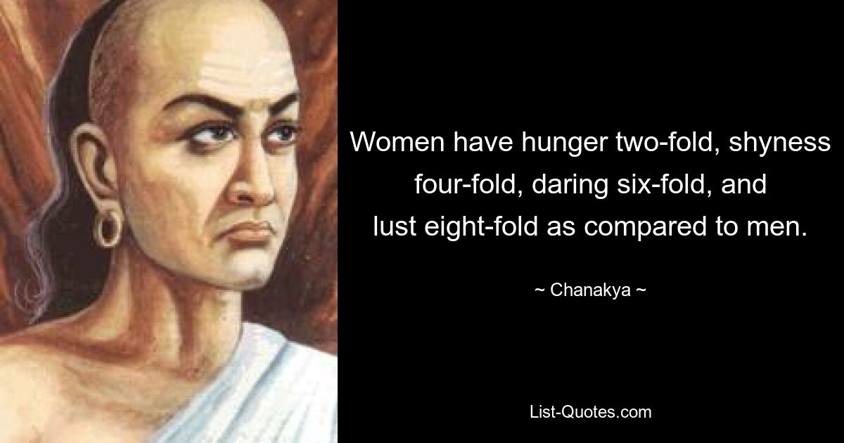 Women have hunger two-fold, shyness four-fold, daring six-fold, and lust eight-fold as compared to men. — © Chanakya