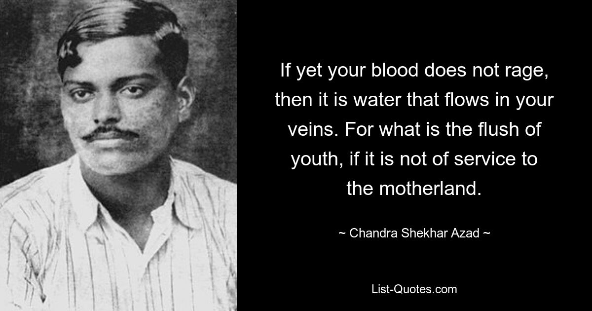 Если еще не бурлит твоя кровь, то это вода течет в твоих венах. Ибо что такое прилив молодости, если он не служит Родине. — © Чандра Шекхар Азад