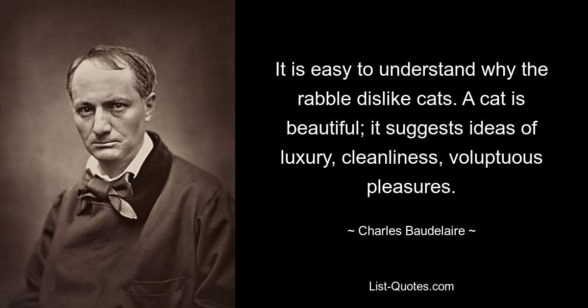 It is easy to understand why the rabble dislike cats. A cat is beautiful; it suggests ideas of luxury, cleanliness, voluptuous pleasures. — © Charles Baudelaire