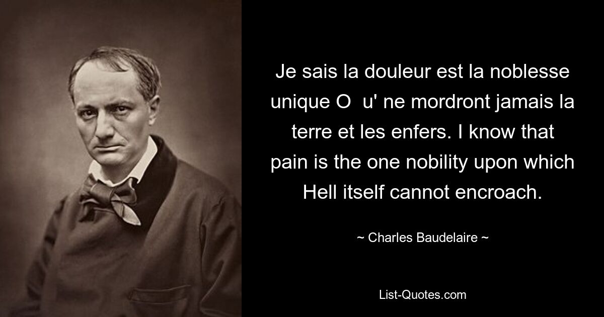 Ich sage, das Glück ist der einzigartige Adel. Du bist kein Mord auf der Erde und auf den Füßen. Ich weiß, dass Schmerz der einzige Adel ist, in den die Hölle selbst nicht eindringen kann. — © Charles Baudelaire