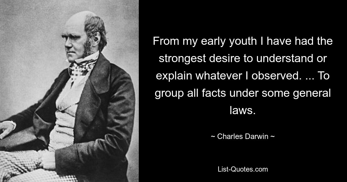 From my early youth I have had the strongest desire to understand or explain whatever I observed. ... To group all facts under some general laws. — © Charles Darwin