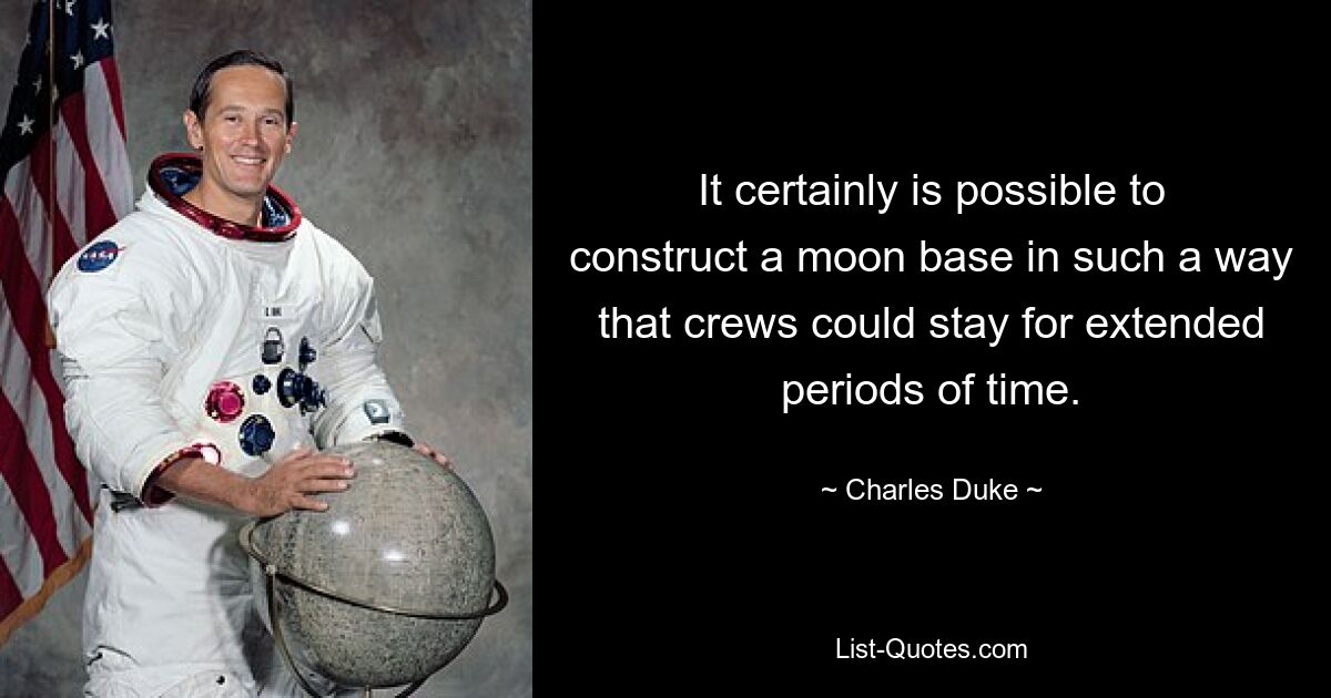 It certainly is possible to construct a moon base in such a way that crews could stay for extended periods of time. — © Charles Duke