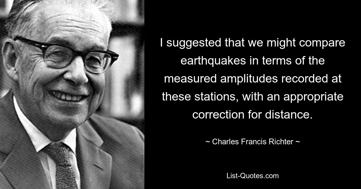 I suggested that we might compare earthquakes in terms of the measured amplitudes recorded at these stations, with an appropriate correction for distance. — © Charles Francis Richter