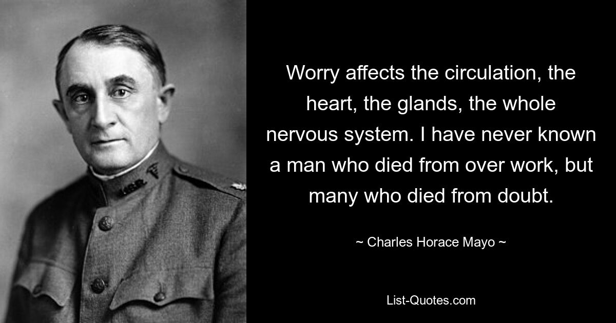 Worry affects the circulation, the heart, the glands, the whole nervous system. I have never known a man who died from over work, but many who died from doubt. — © Charles Horace Mayo