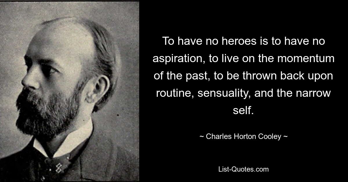 To have no heroes is to have no aspiration, to live on the momentum of the past, to be thrown back upon routine, sensuality, and the narrow self. — © Charles Horton Cooley