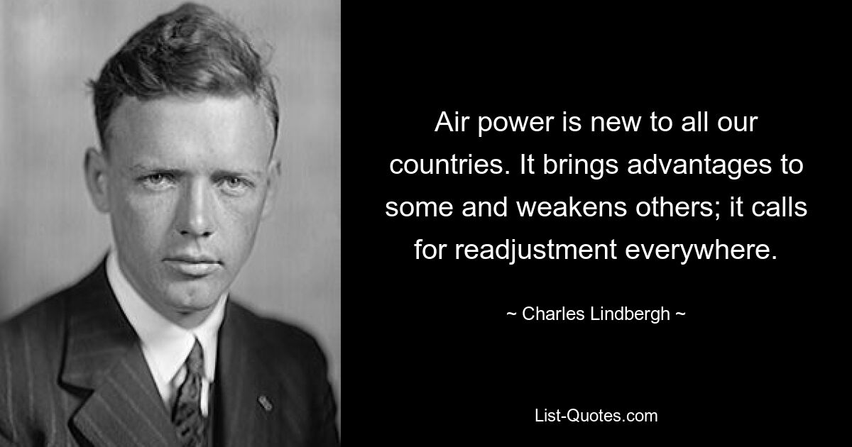 Air power is new to all our countries. It brings advantages to some and weakens others; it calls for readjustment everywhere. — © Charles Lindbergh