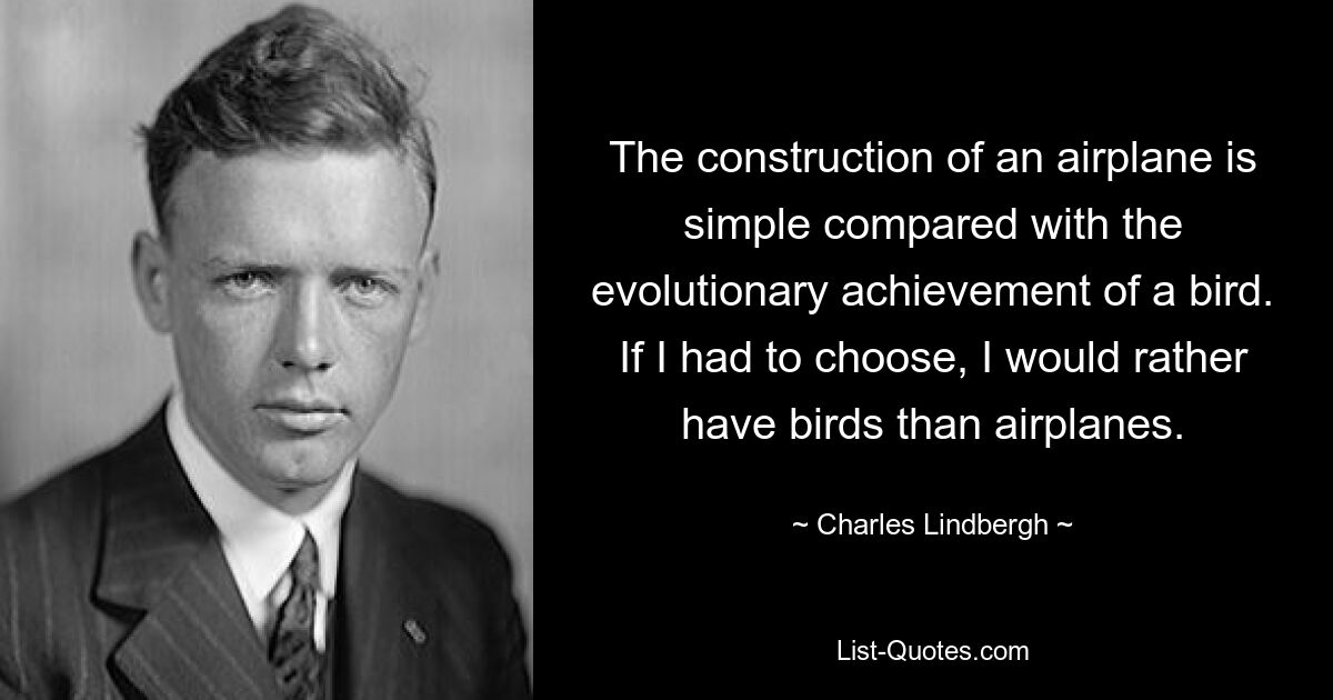 The construction of an airplane is simple compared with the evolutionary achievement of a bird. If I had to choose, I would rather have birds than airplanes. — © Charles Lindbergh