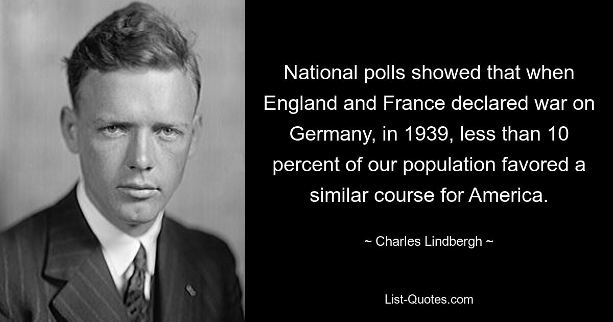 National polls showed that when England and France declared war on Germany, in 1939, less than 10 percent of our population favored a similar course for America. — © Charles Lindbergh