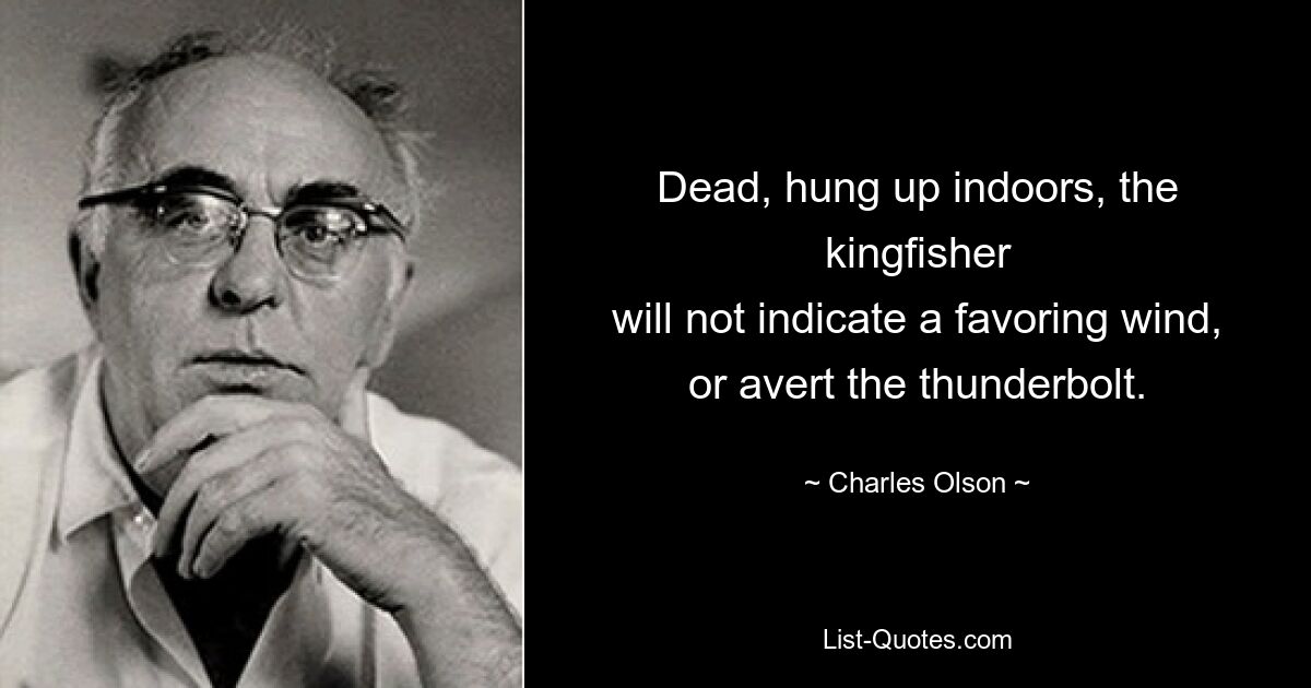 Dead, hung up indoors, the kingfisher
will not indicate a favoring wind,
or avert the thunderbolt. — © Charles Olson