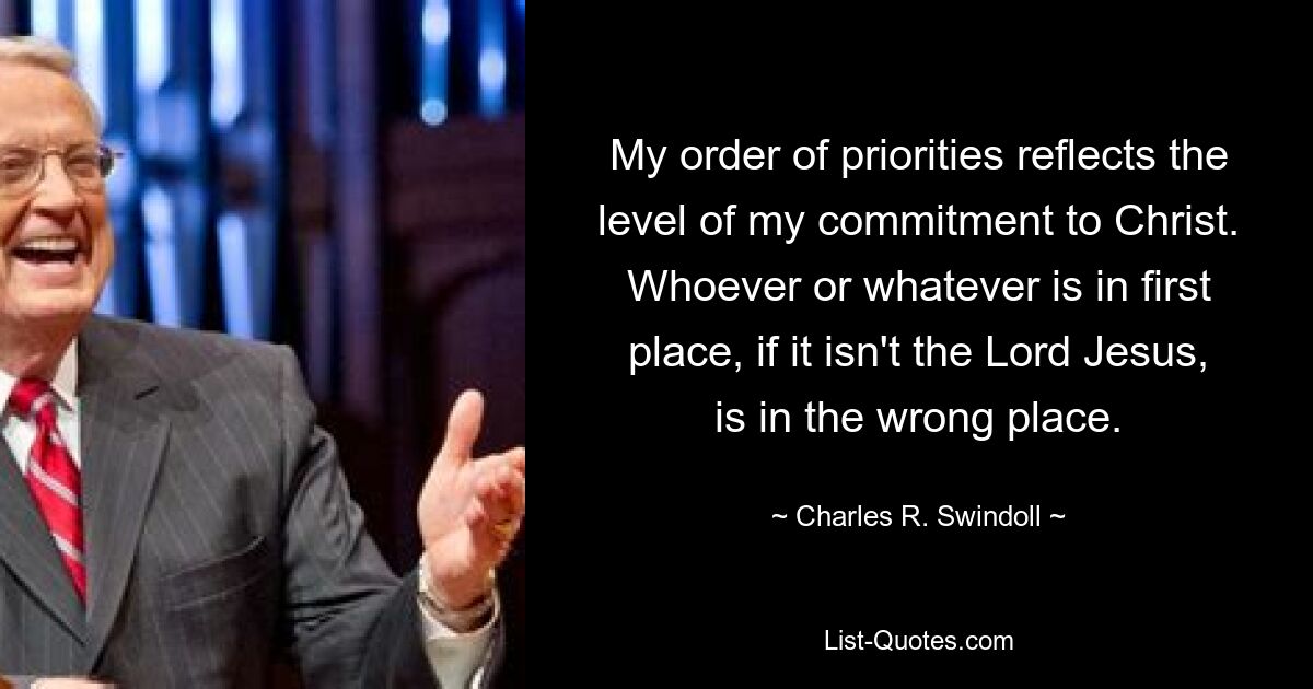 My order of priorities reflects the level of my commitment to Christ. Whoever or whatever is in first place, if it isn't the Lord Jesus, is in the wrong place. — © Charles R. Swindoll