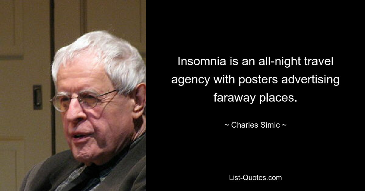 Insomnia ist ein nächtliches Reisebüro mit Plakaten, die für ferne Orte werben. — © Charles Simic 