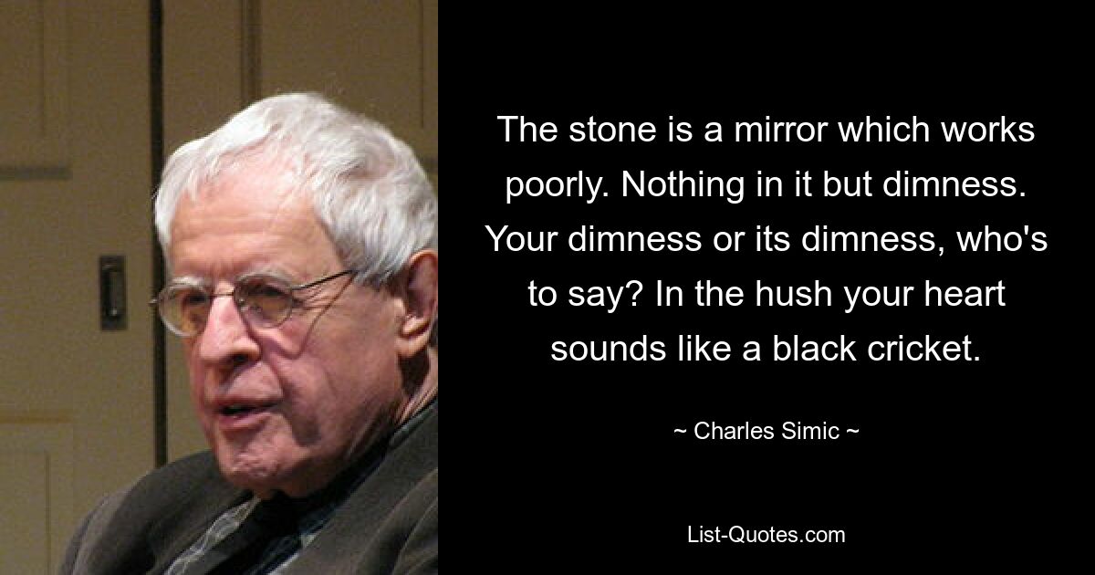 The stone is a mirror which works poorly. Nothing in it but dimness. Your dimness or its dimness, who's to say? In the hush your heart sounds like a black cricket. — © Charles Simic