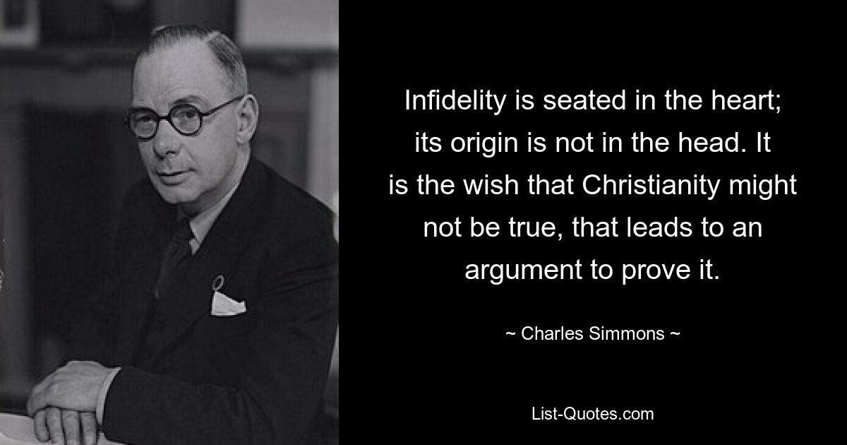 Infidelity is seated in the heart; its origin is not in the head. It is the wish that Christianity might not be true, that leads to an argument to prove it. — © Charles Simmons