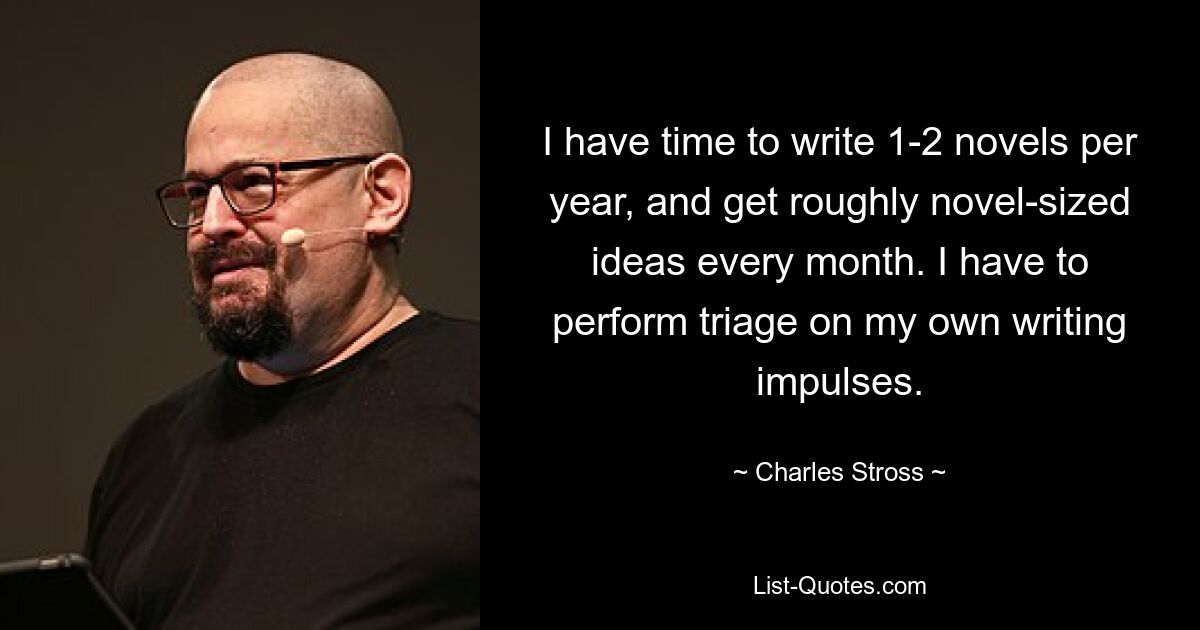 I have time to write 1-2 novels per year, and get roughly novel-sized ideas every month. I have to perform triage on my own writing impulses. — © Charles Stross