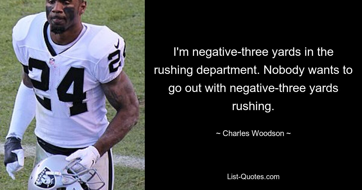 I'm negative-three yards in the rushing department. Nobody wants to go out with negative-three yards rushing. — © Charles Woodson