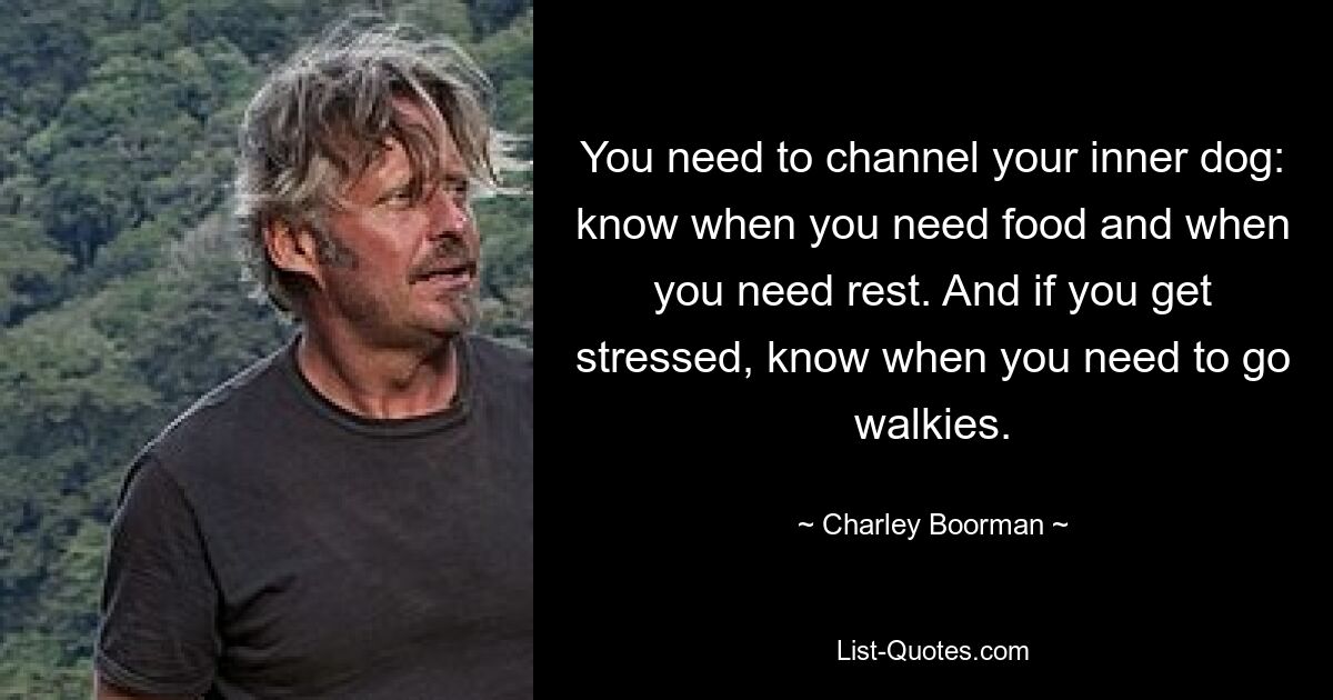 You need to channel your inner dog: know when you need food and when you need rest. And if you get stressed, know when you need to go walkies. — © Charley Boorman