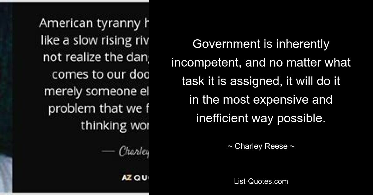 Government is inherently incompetent, and no matter what task it is assigned, it will do it in the most expensive and inefficient way possible. — © Charley Reese