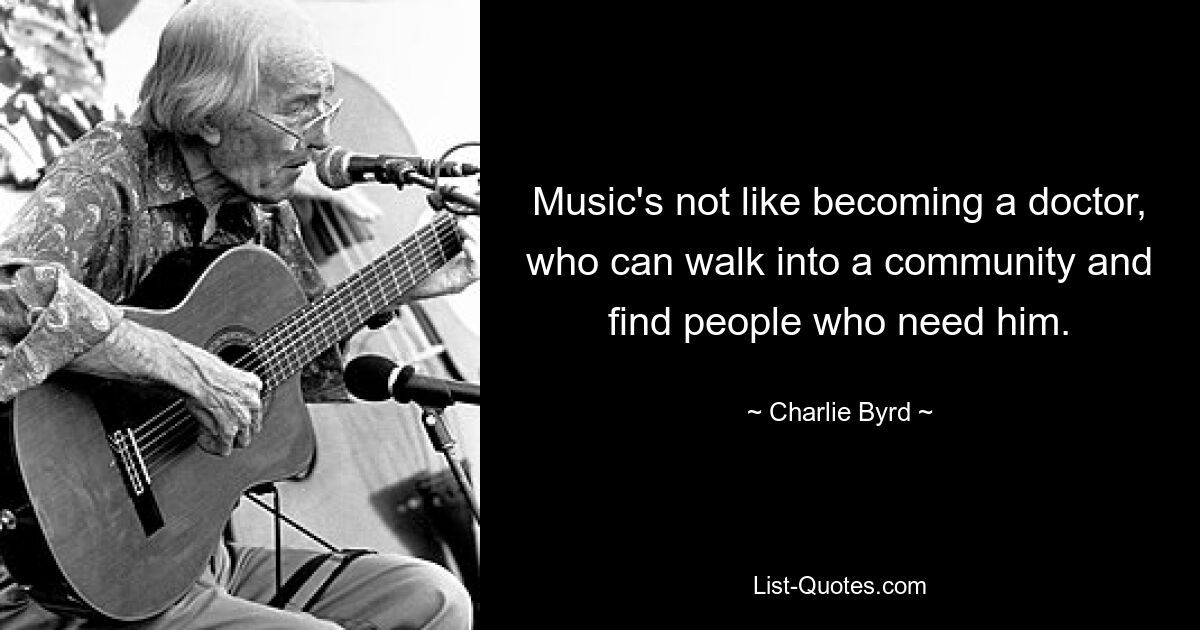 Music's not like becoming a doctor, who can walk into a community and find people who need him. — © Charlie Byrd