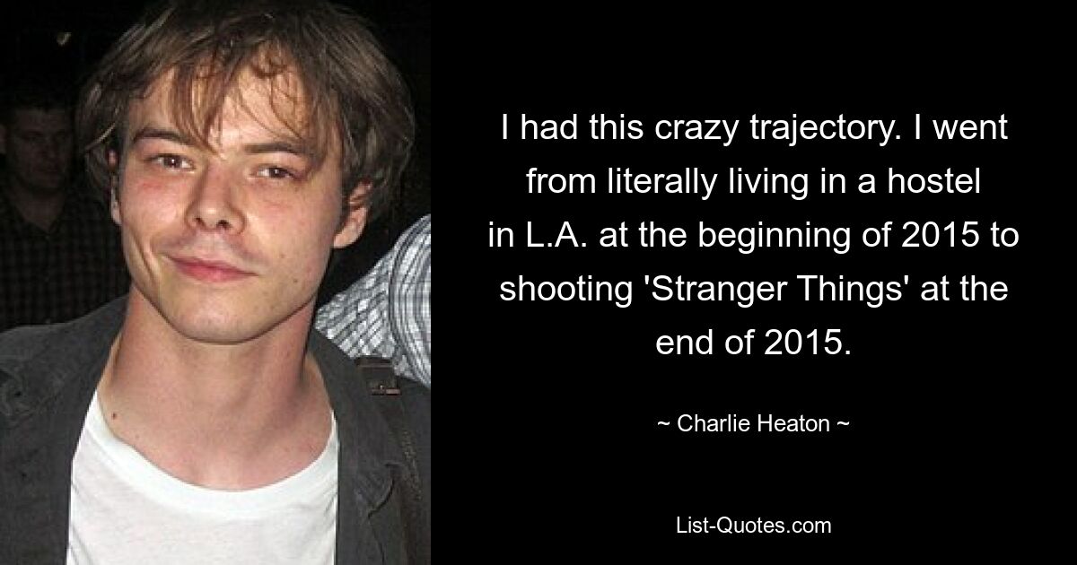 I had this crazy trajectory. I went from literally living in a hostel in L.A. at the beginning of 2015 to shooting 'Stranger Things' at the end of 2015. — © Charlie Heaton