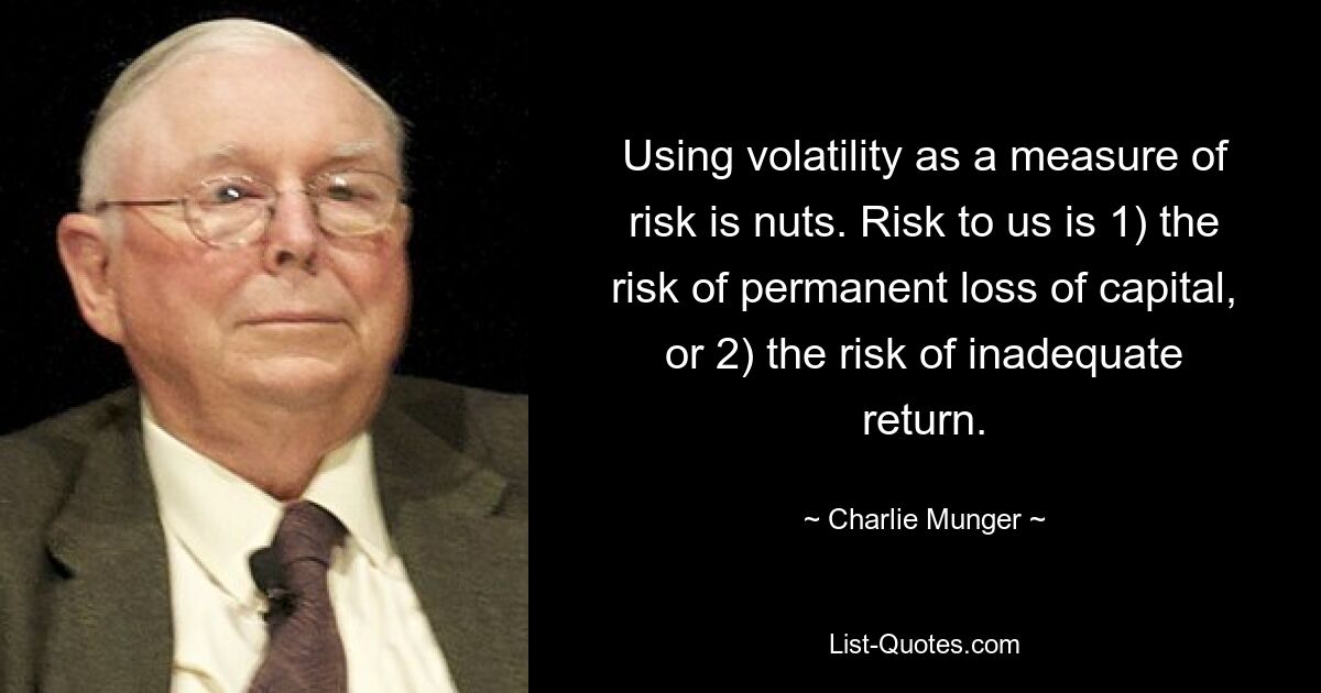 Using volatility as a measure of risk is nuts. Risk to us is 1) the risk of permanent loss of capital, or 2) the risk of inadequate return. — © Charlie Munger