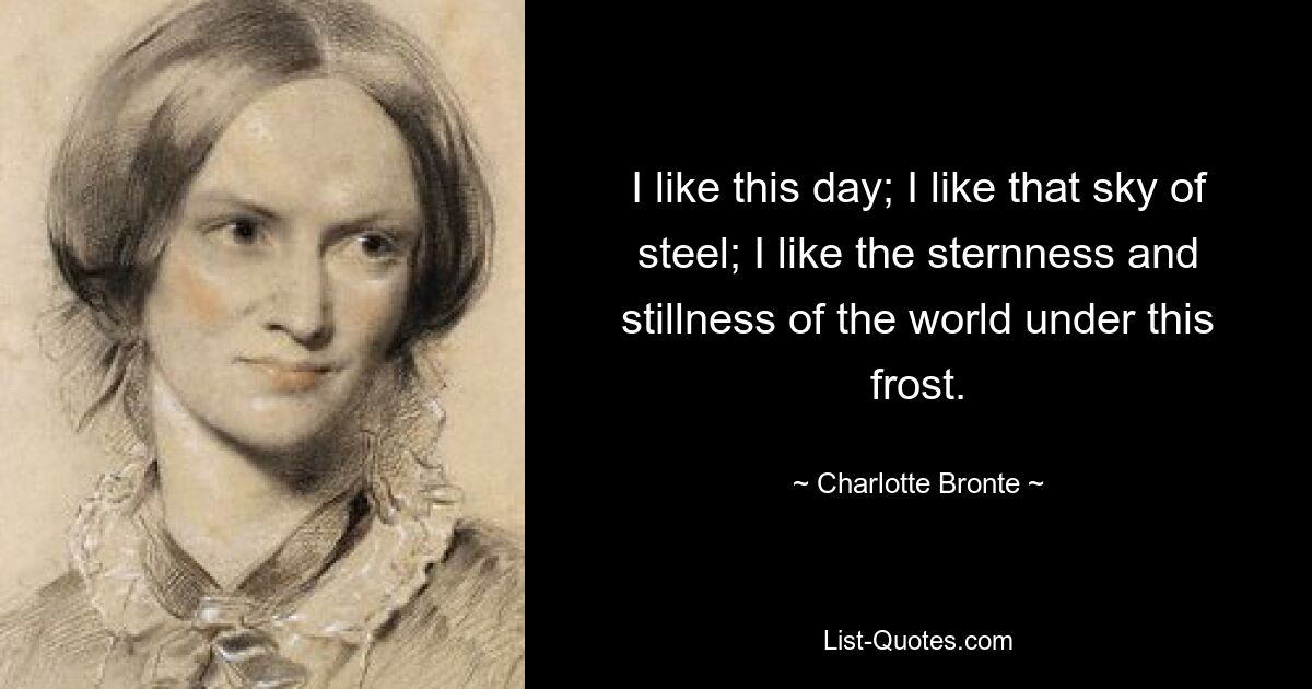 I like this day; I like that sky of steel; I like the sternness and stillness of the world under this frost. — © Charlotte Bronte