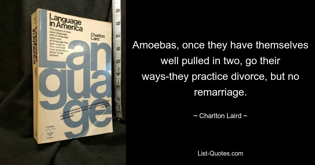 Amoebas, once they have themselves well pulled in two, go their ways-they practice divorce, but no remarriage. — © Charlton Laird