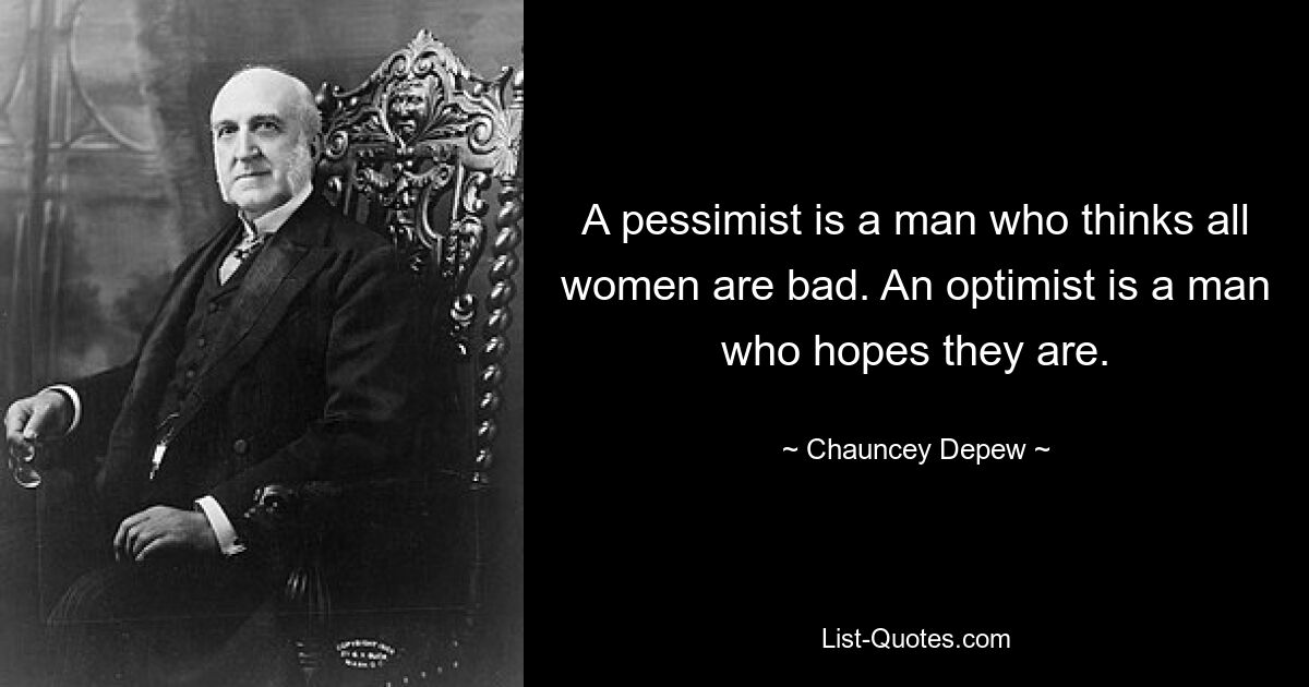 A pessimist is a man who thinks all women are bad. An optimist is a man who hopes they are. — © Chauncey Depew