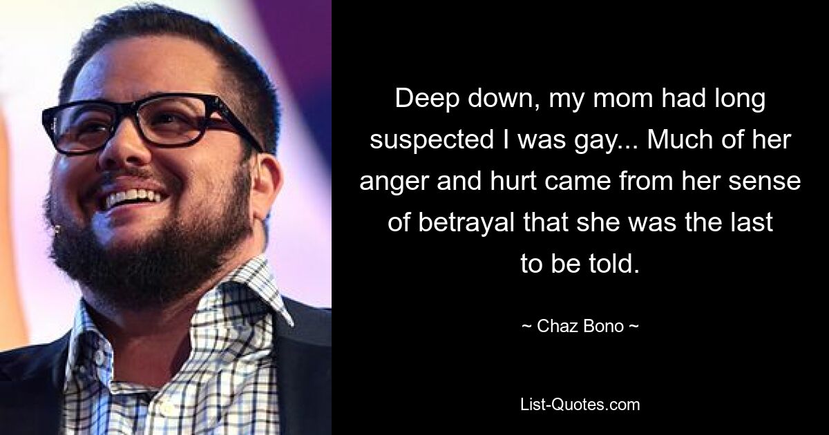 Deep down, my mom had long suspected I was gay... Much of her anger and hurt came from her sense of betrayal that she was the last to be told. — © Chaz Bono