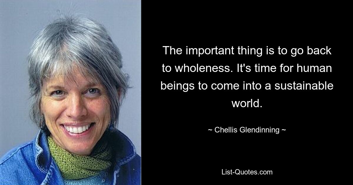 The important thing is to go back to wholeness. It's time for human beings to come into a sustainable world. — © Chellis Glendinning