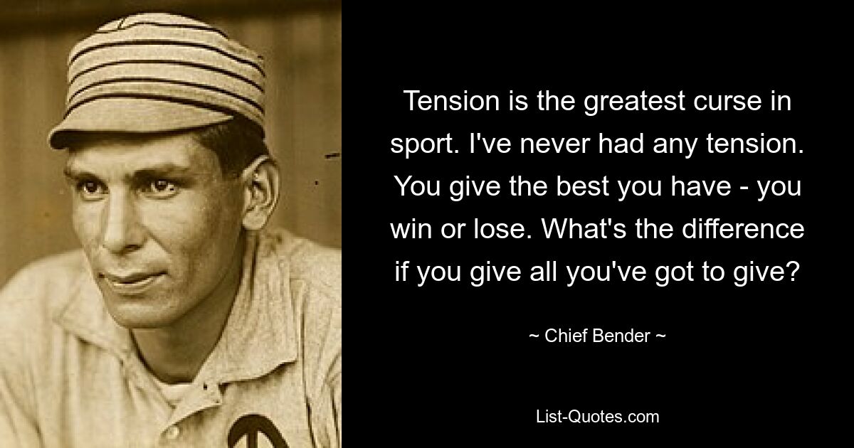 Tension is the greatest curse in sport. I've never had any tension. You give the best you have - you win or lose. What's the difference if you give all you've got to give? — © Chief Bender