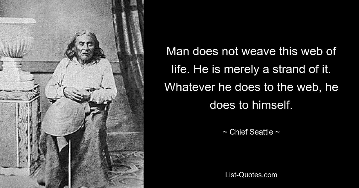 Man does not weave this web of life. He is merely a strand of it. Whatever he does to the web, he does to himself. — © Chief Seattle