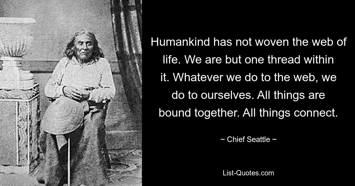 Humankind has not woven the web of life. We are but one thread within it. Whatever we do to the web, we do to ourselves. All things are bound together. All things connect. — © Chief Seattle