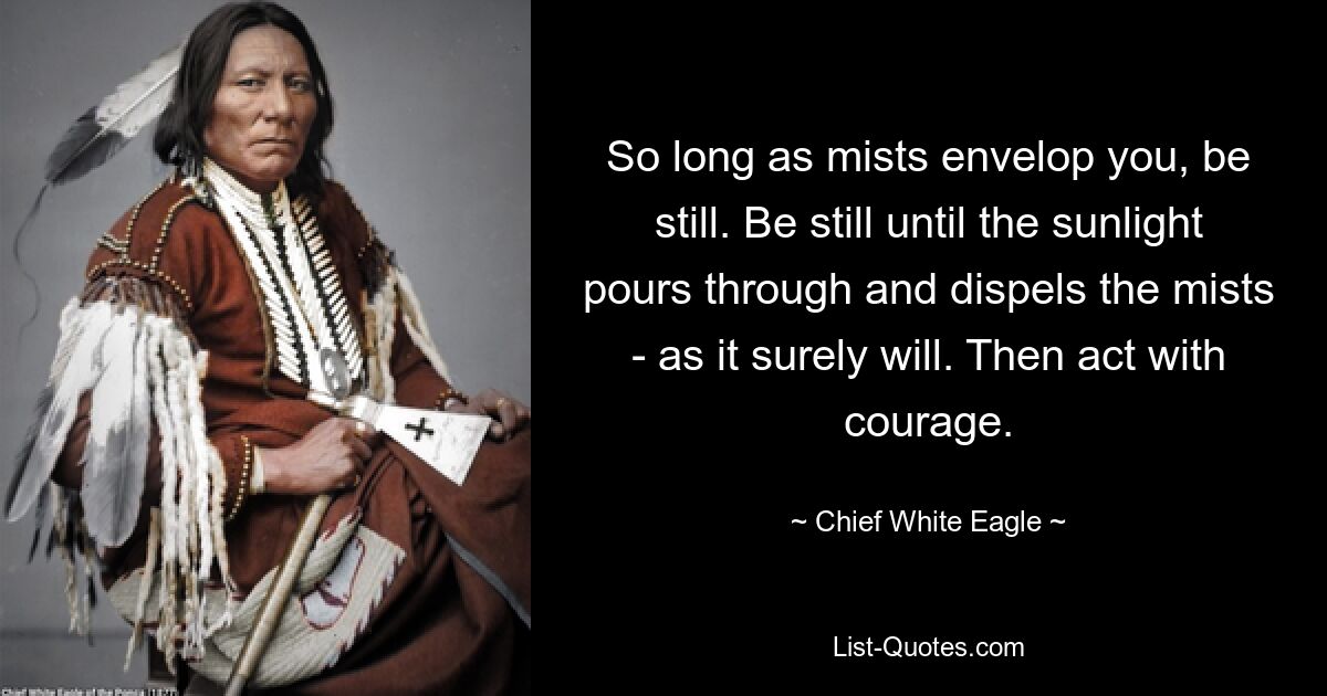 So long as mists envelop you, be still. Be still until the sunlight pours through and dispels the mists - as it surely will. Then act with courage. — © Chief White Eagle