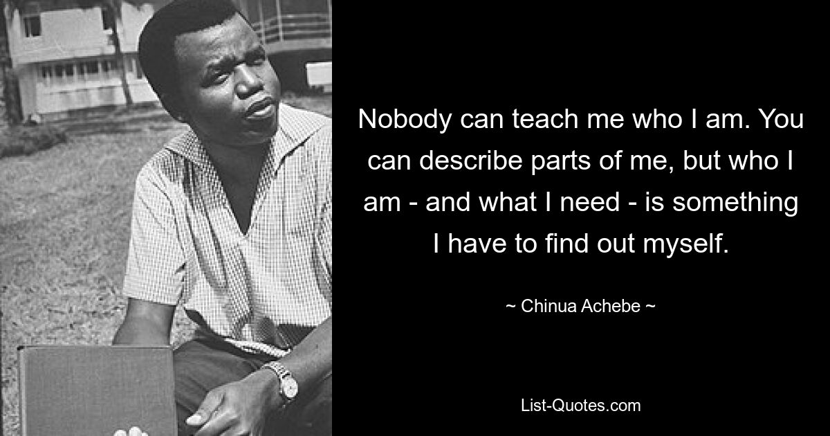 Nobody can teach me who I am. You can describe parts of me, but who I am - and what I need - is something I have to find out myself. — © Chinua Achebe